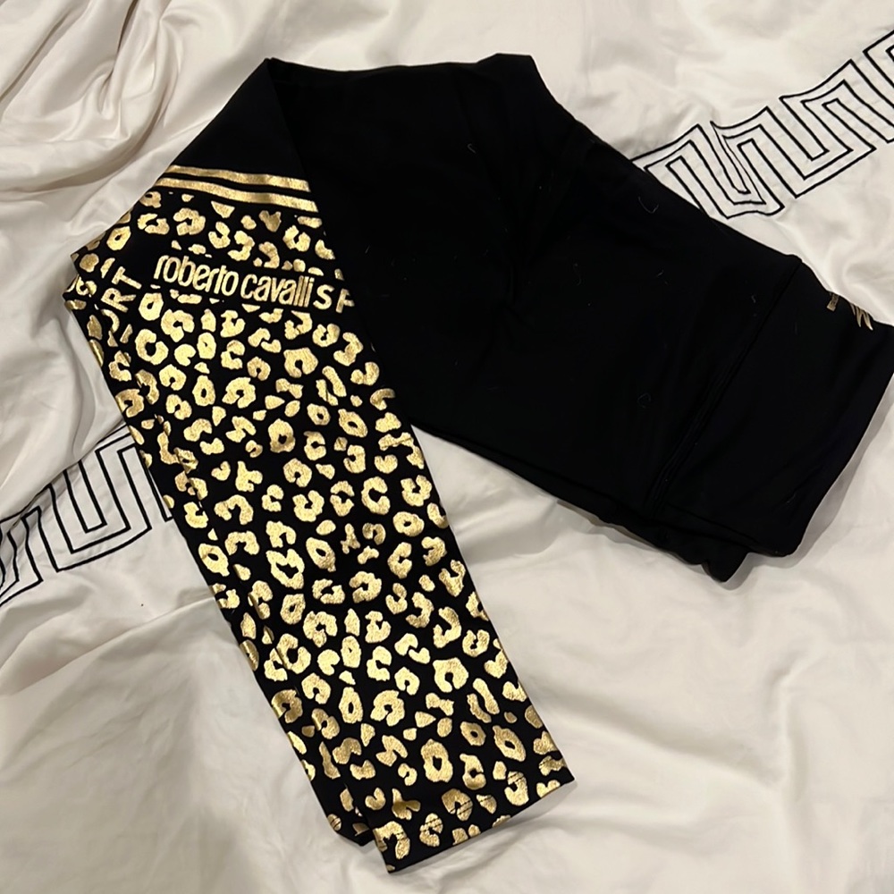 NWT - Roberto Cavalli logo gold panther leggings - size S Gold Leopard Leggings
